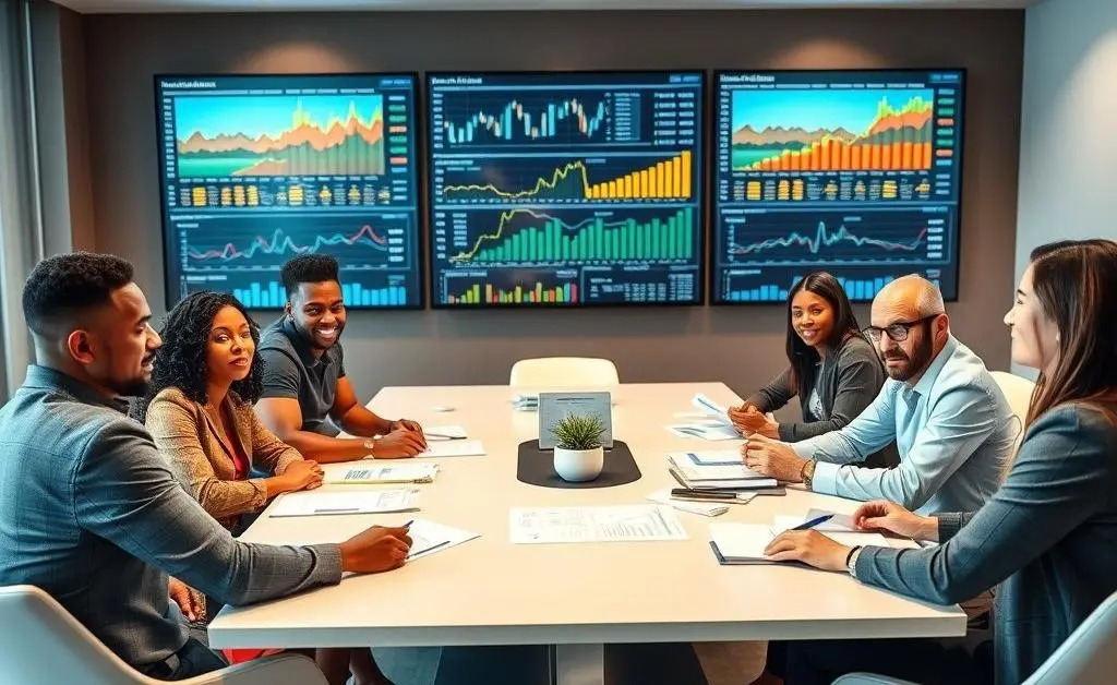 A group of diverse people sitting around a table discussing investment strategies, surrounded by financial charts.