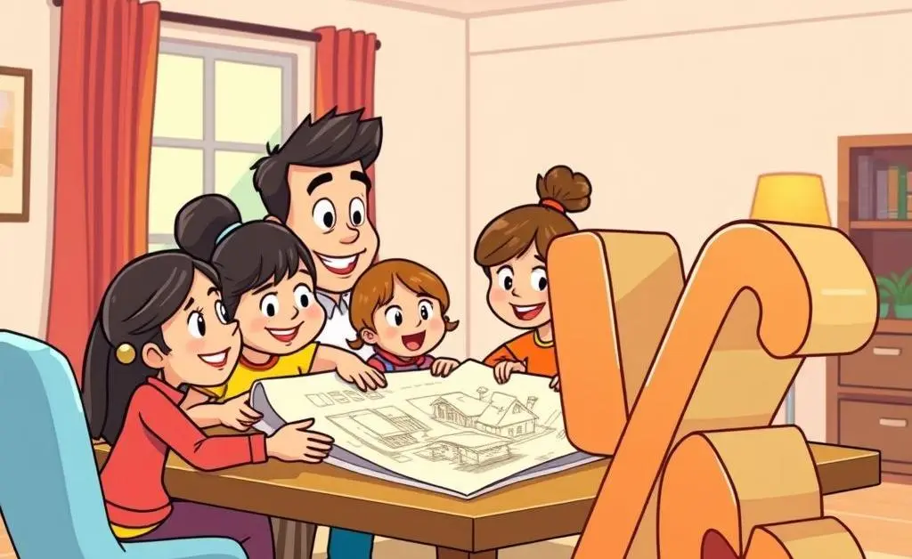 Family looking at a house blueprint with a giant percentage sign beside it