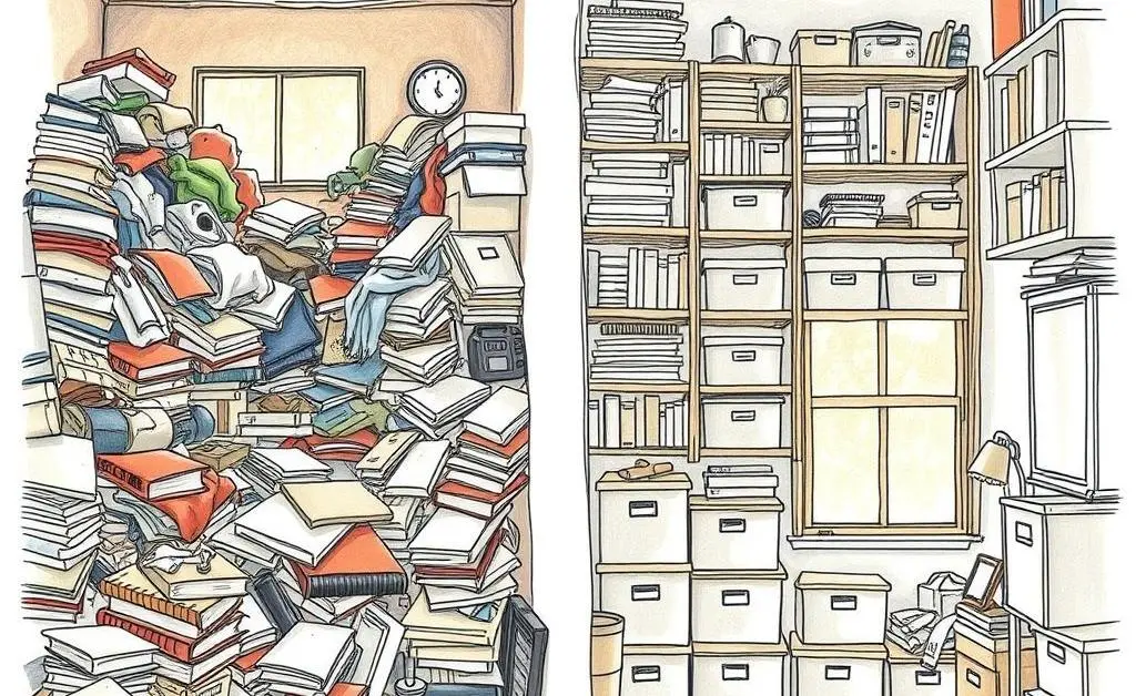 Hand-drawn illustration of a cluttered room transforming into an organized one