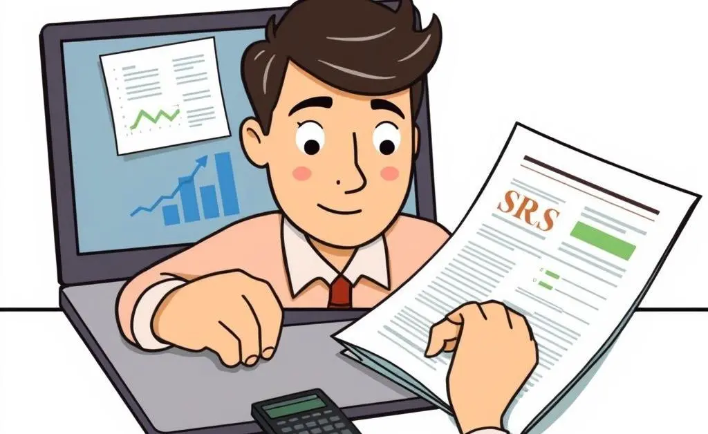 Cartoon-style image of a person reviewing financial documents with a laptop, calculator, and a cup of coffee.