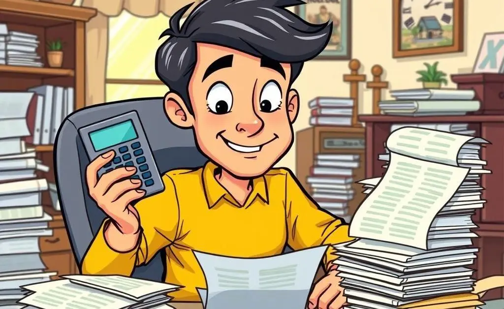 A cartoon of a person comparing mortgage rates with a calculator and stacks of papers.