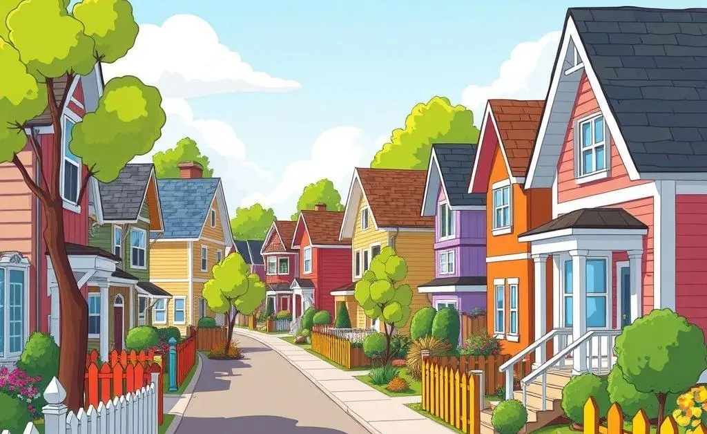 A picturesque neighborhood street with diverse homes and colorful fences.