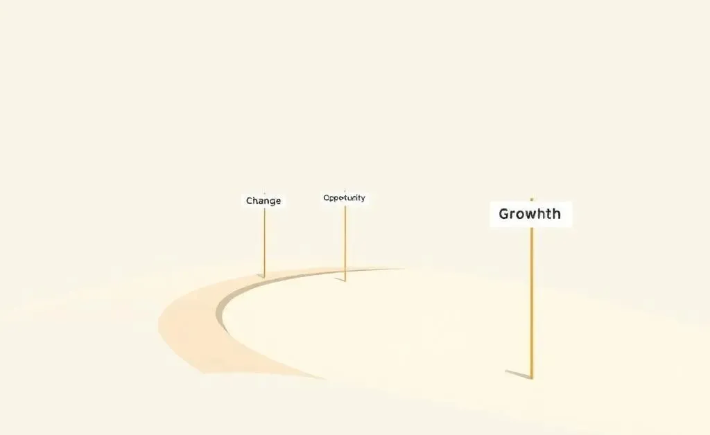 Winding road with signposts labeled 'Change', 'Opportunity', and 'Growth'