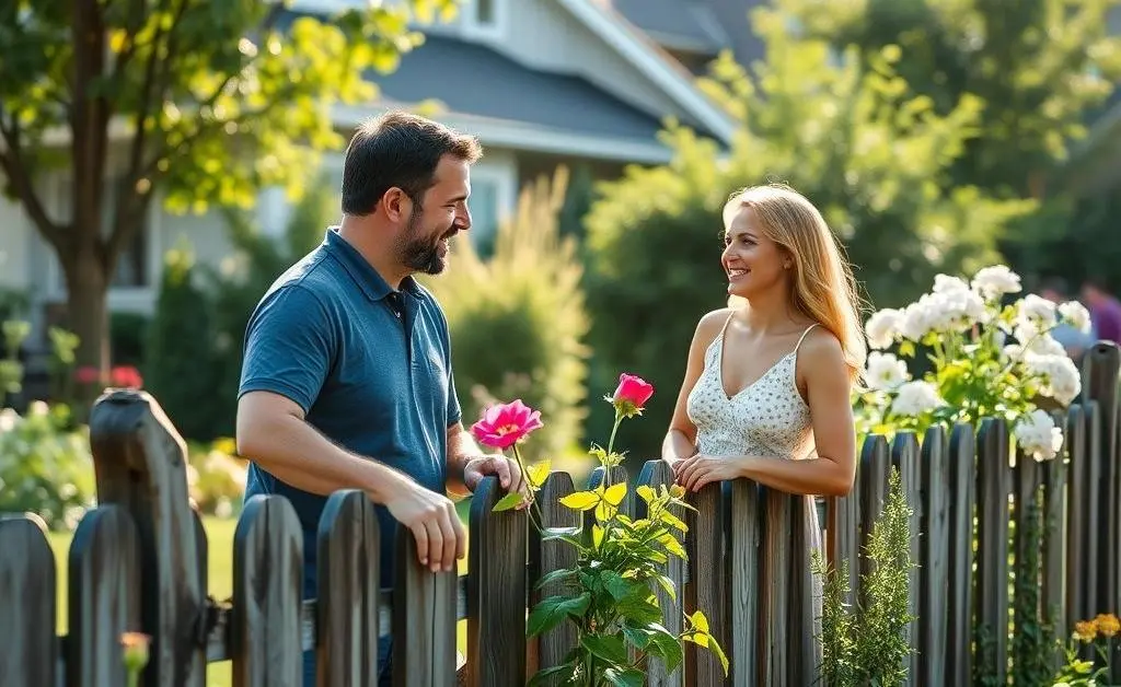 Two neighbors casually chatting over a garden fence