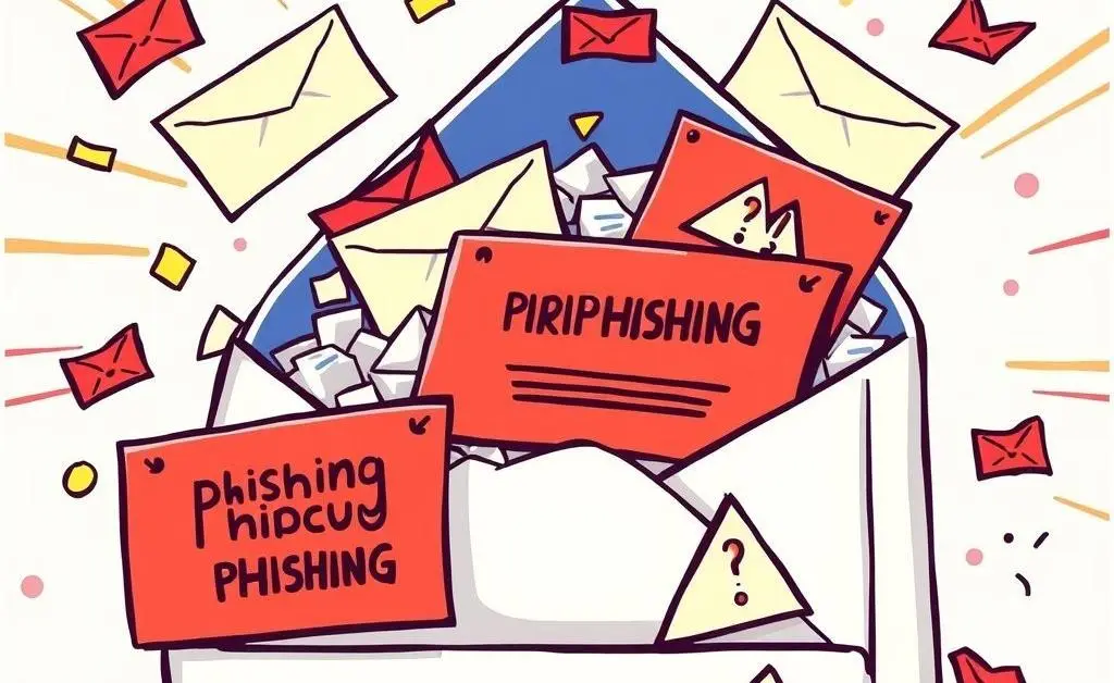 A cartoon-style sketch of an email inbox with phishing emails highlighted.