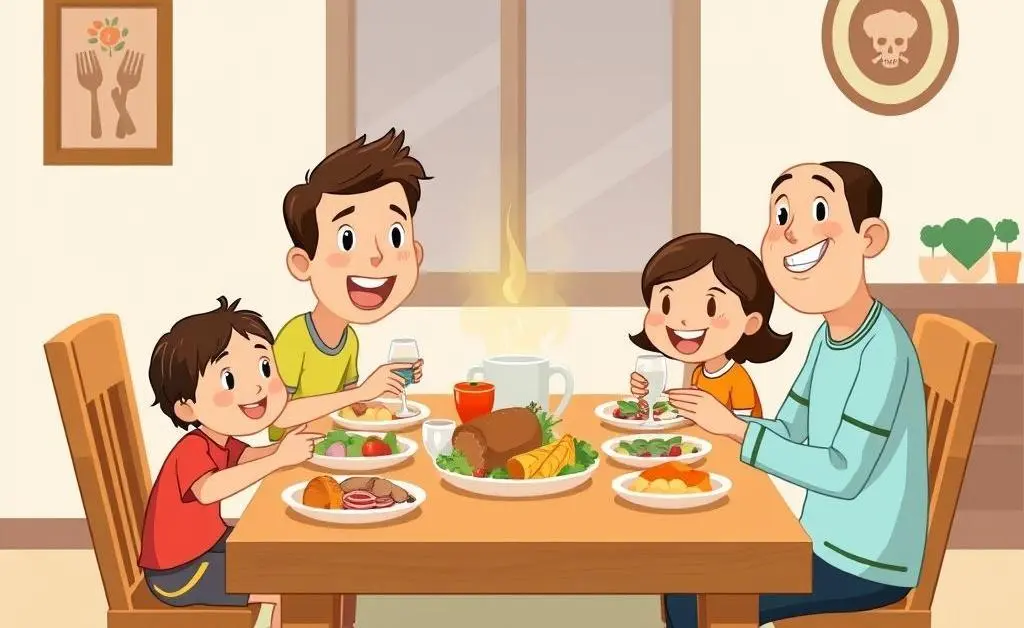 A cartoon-style image of a family enjoying a homemade meal at a dining table