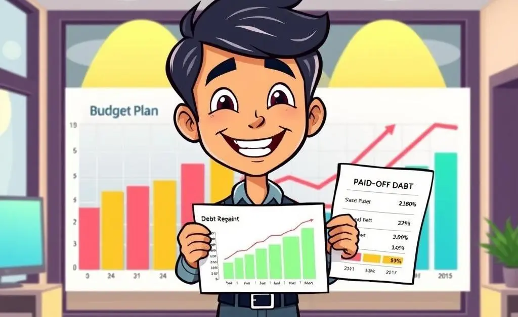 A person proudly holding a budget plan in front of a paid-off debt chart.