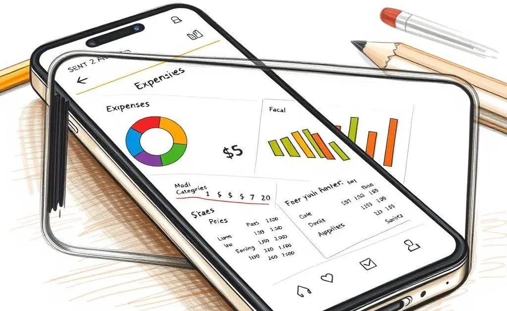 Illustration of a personal finance app interface on a smartphone.