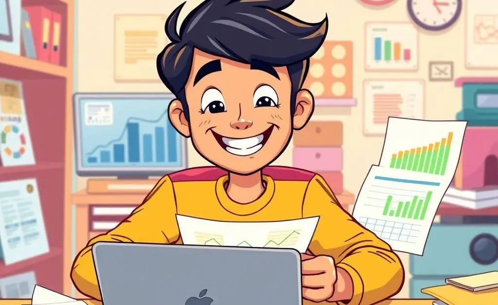 A person happily managing finances with a laptop and papers