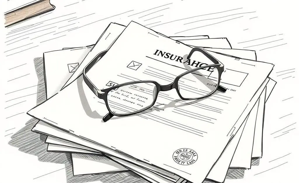 A stack of insurance documents and glasses