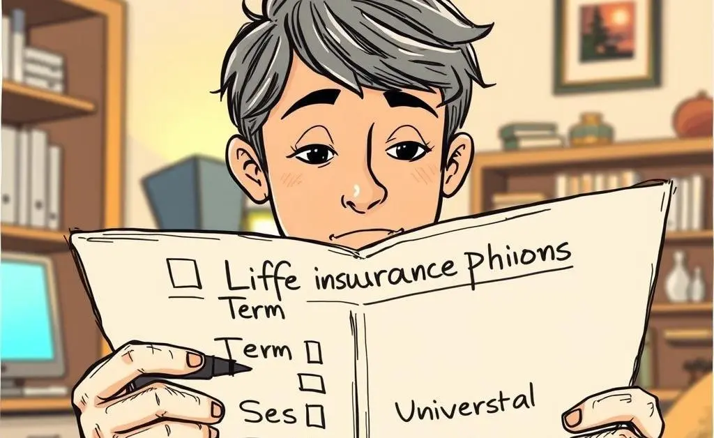 Character reading a checklist titled 'Life Insurance Options'
