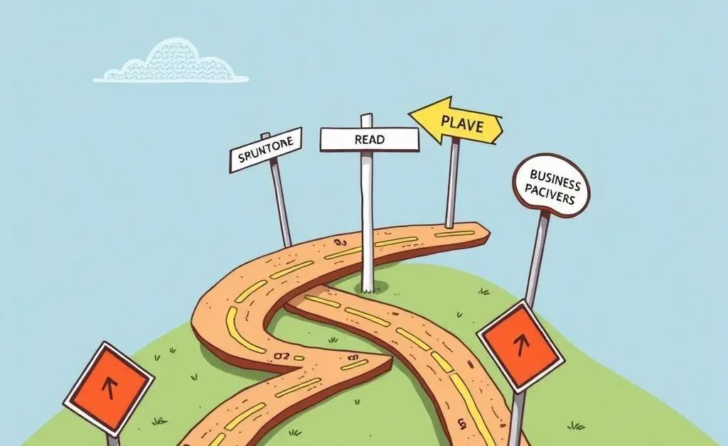 An illustration of a tangled path with road signs pointing in different directions, symbolizing business decisions.