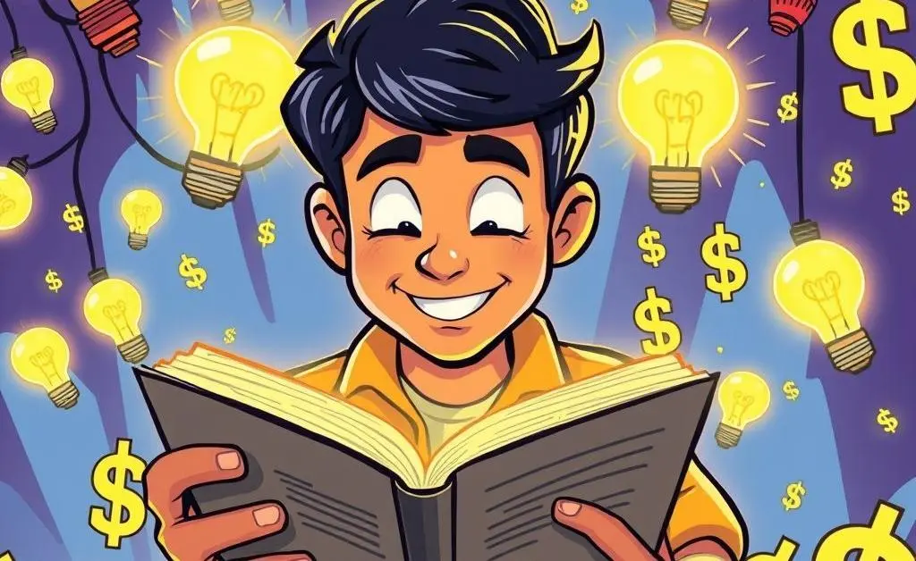 A person reading a financial book surrounded by dollar signs and light bulbs.