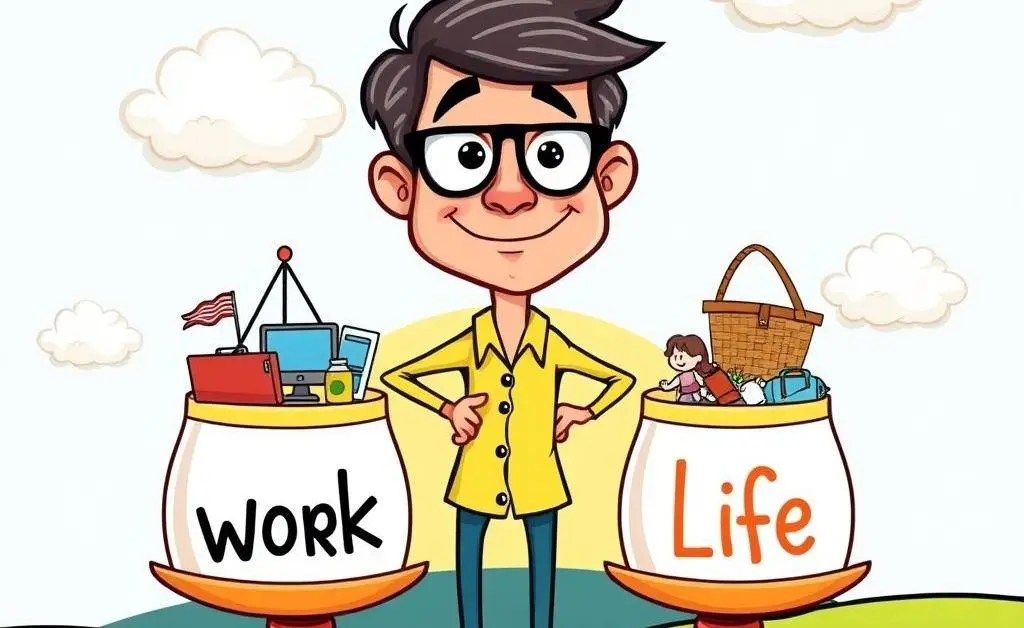 An illustration of a person balancing scales labeled work and life in a cartoon style.