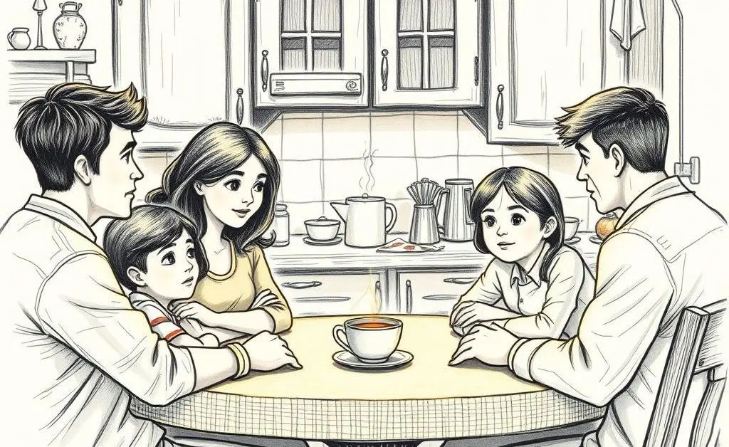 Hand-drawn image of a family discussing finances around a kitchen table