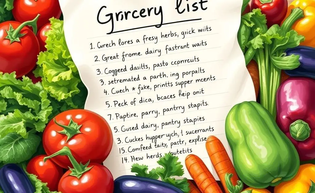 Illustration of a grocery shopping list with fresh vegetables and ingredients