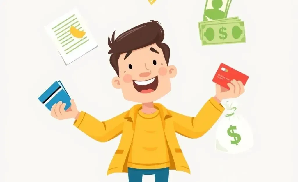 A cartoon illustration of a person juggling different financial items: bills, credit cards, and savings.