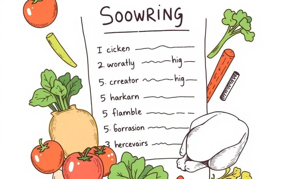 Hand-drawn illustration of a shopping list with fresh ingredients like vegetables, chicken, and spices.