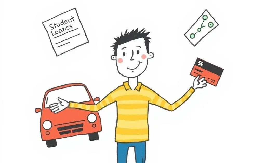 Hand-drawn image of someone juggling student loans, a car payment, and a credit card.