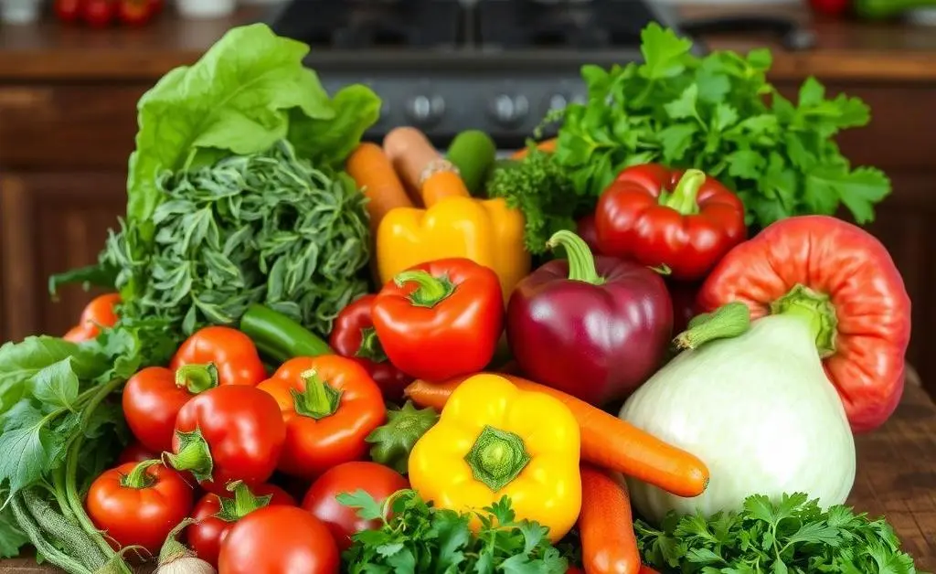 A colorful assortment of fresh vegetables and herbs on a rustic kitchen table