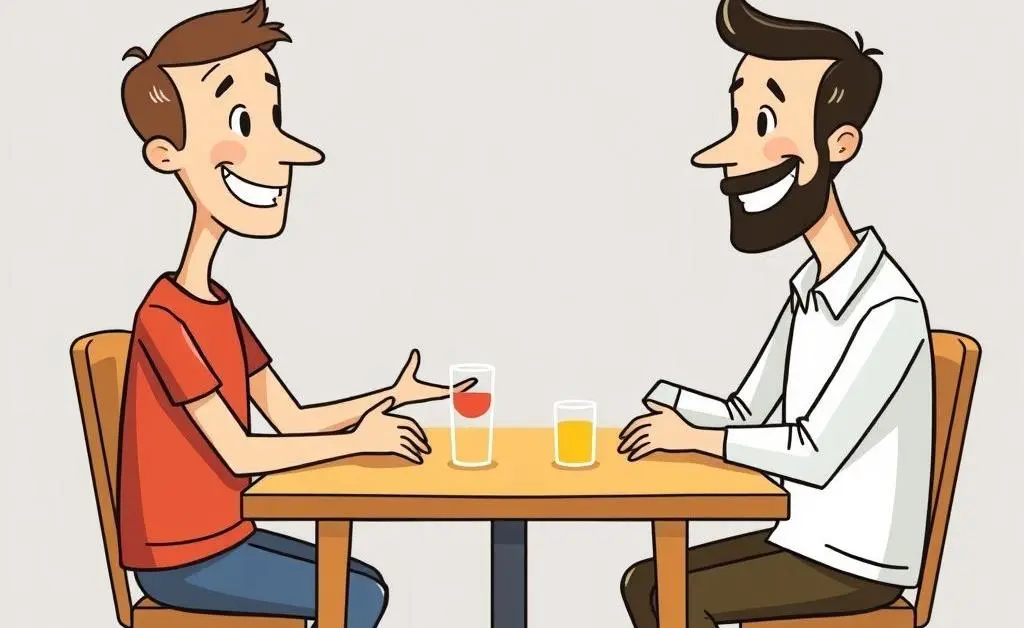 A cartoon-style illustration of two people having a light-hearted conversation at a table