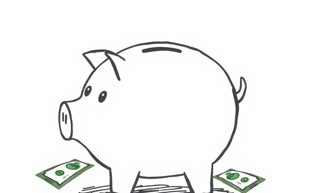 A piggy bank surrounded by dollar bills, representing savings.