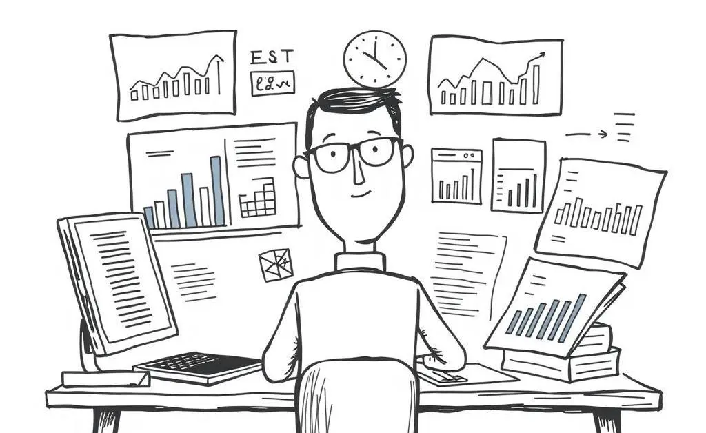 A financial analyst at a desk full of charts and graphs