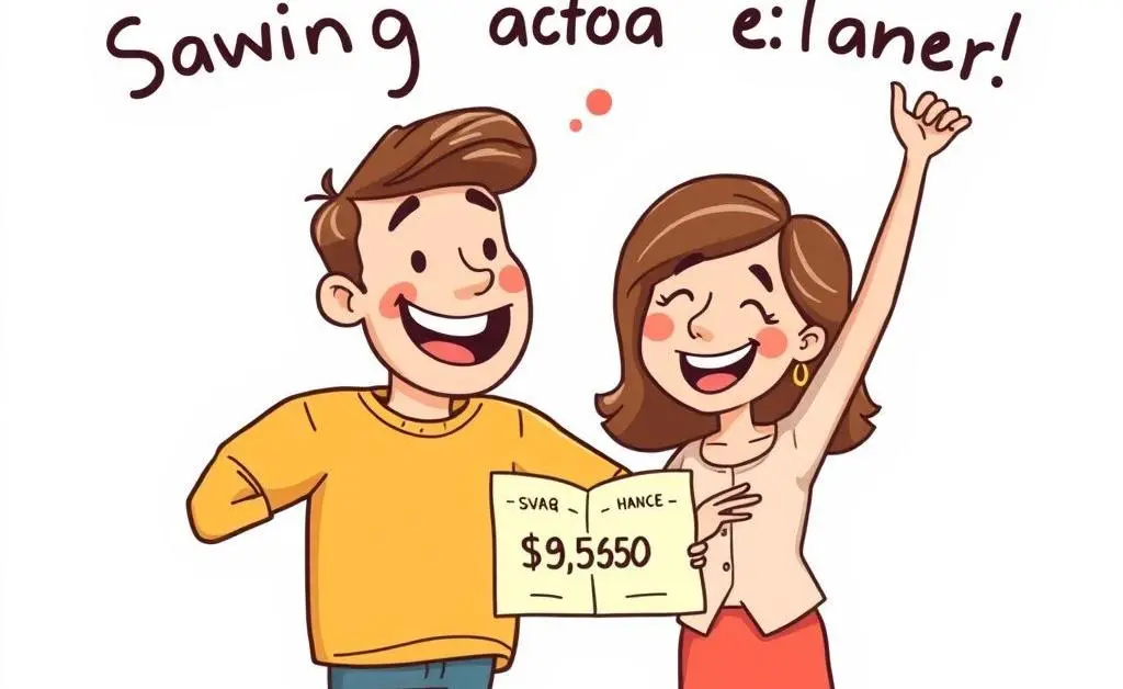 Illustration of a couple checking their savings and smiling.