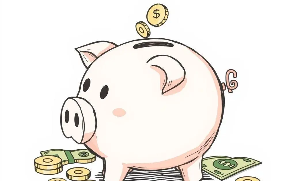 A hand-drawn illustration of a piggy bank with coins and dollar bills around it.