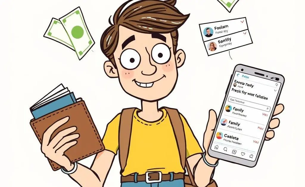 A person juggling wallet, bills, and family notifications
