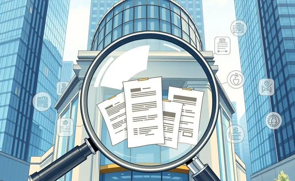 An illustration of a bank with a magnifying glass highlighting policies.