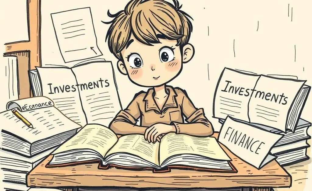 A student at a desk, surrounded by finance textbooks