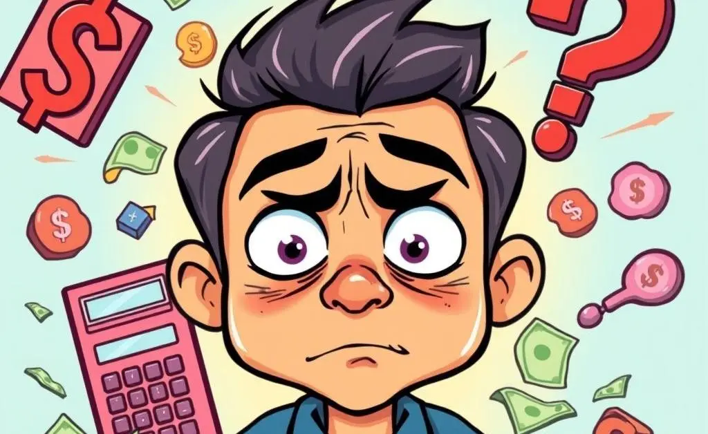 Person overwhelmed with finance-related symbols