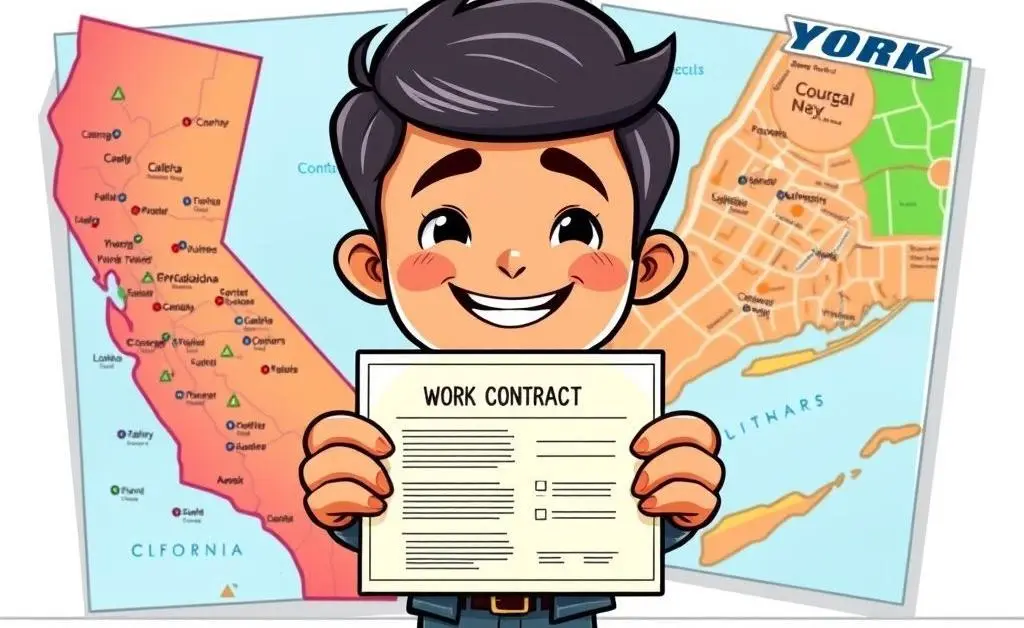 Someone holding a work contract with maps of California and New York in the background.