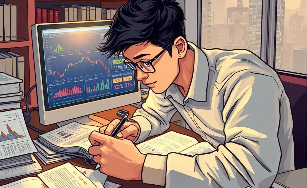 An illustration of a person studying at a desk with finance books and a computer displaying financial data.
