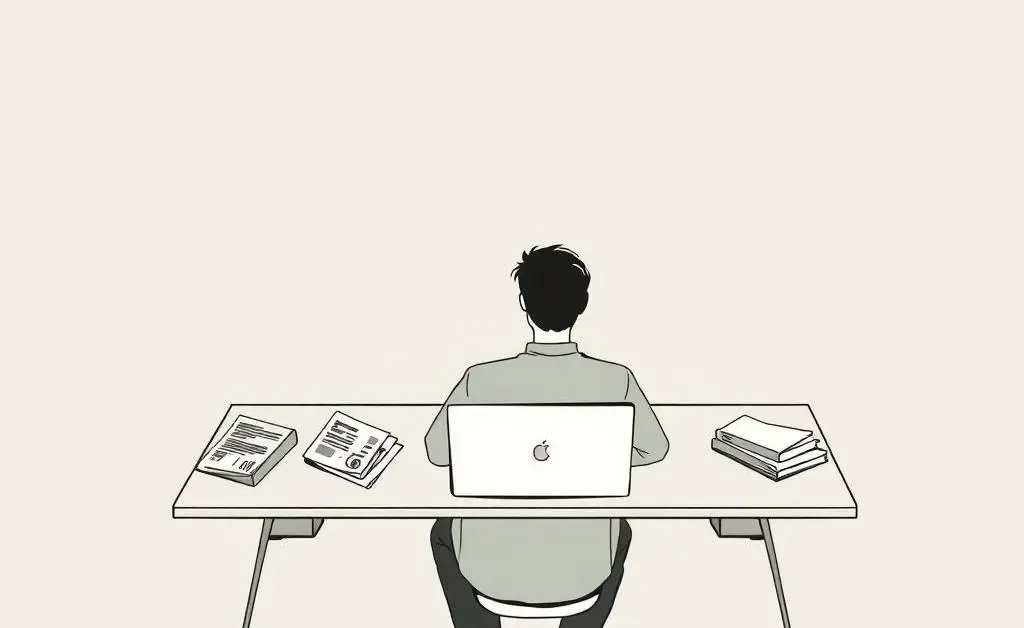 A minimalist illustration of a person sitting at a desk, surrounded by financial documents and a laptop.