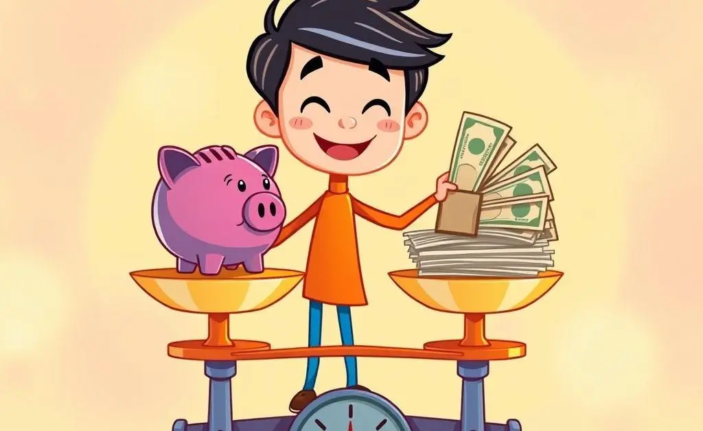 A person balancing a piggy bank and bills on a scale
