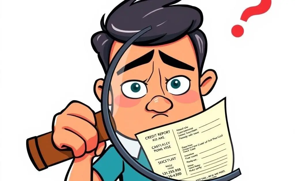 Person examining their credit report closely with a magnifying glass
