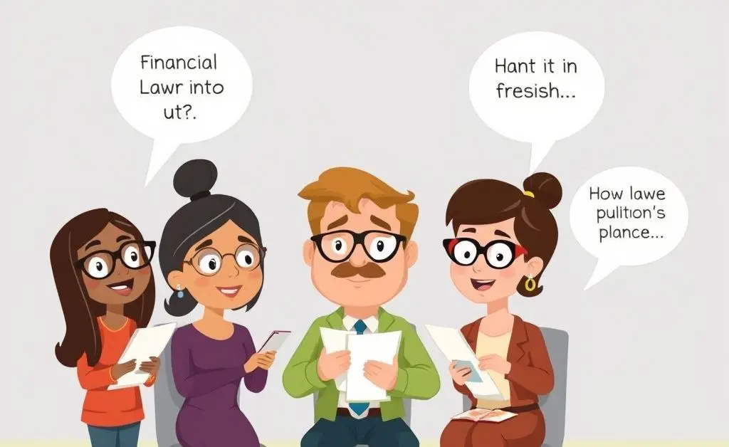 Cartoon-style depiction of individuals of various backgrounds discussing financial laws