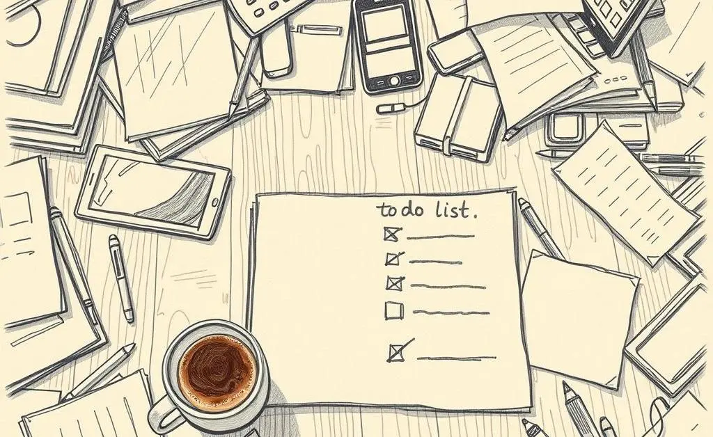 A cluttered desk with a cup of coffee and a to-do list.