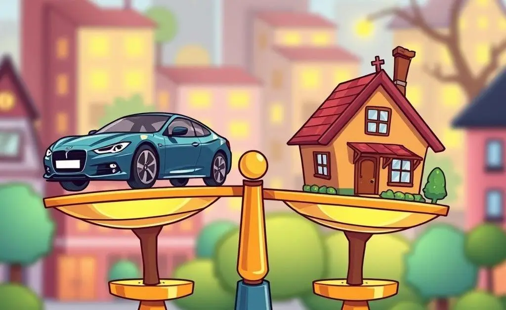 Financial balance scale with a car and house