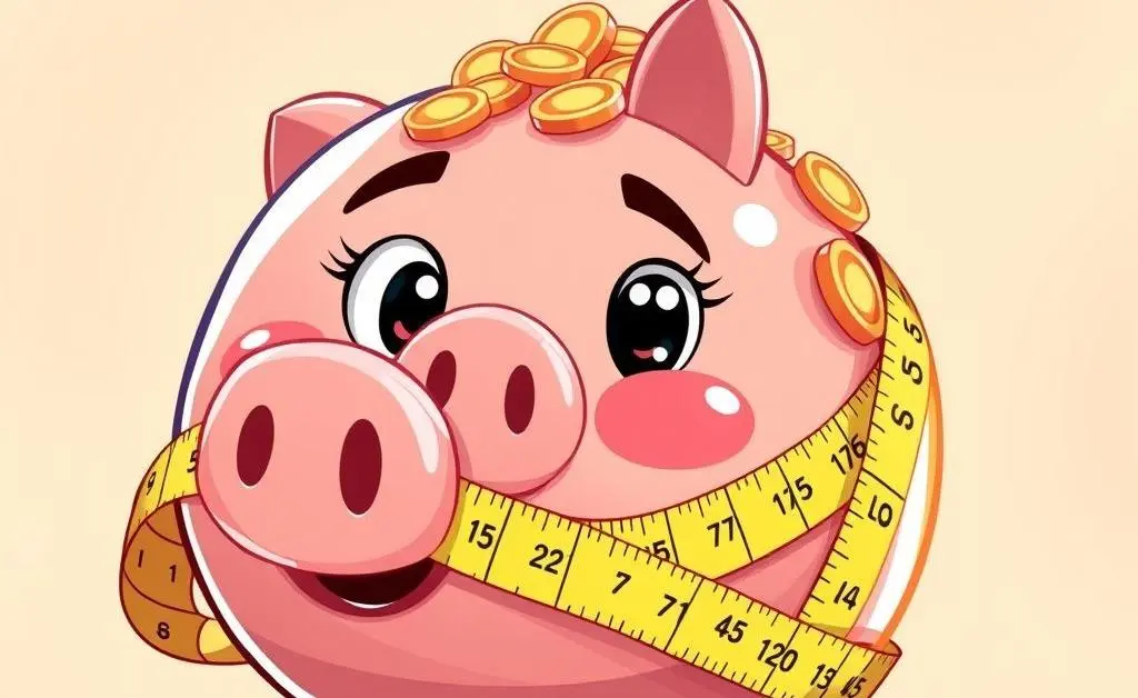 Cartoon-style piggy bank filled with coins, with a measuring tape around it