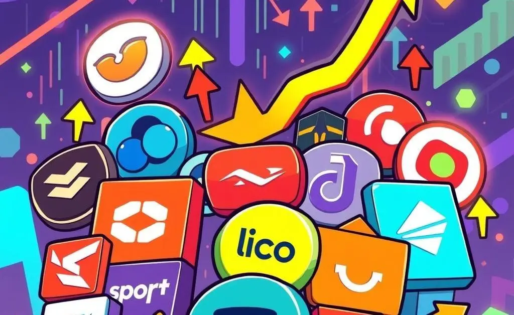 Tech company logos with stock trend arrows