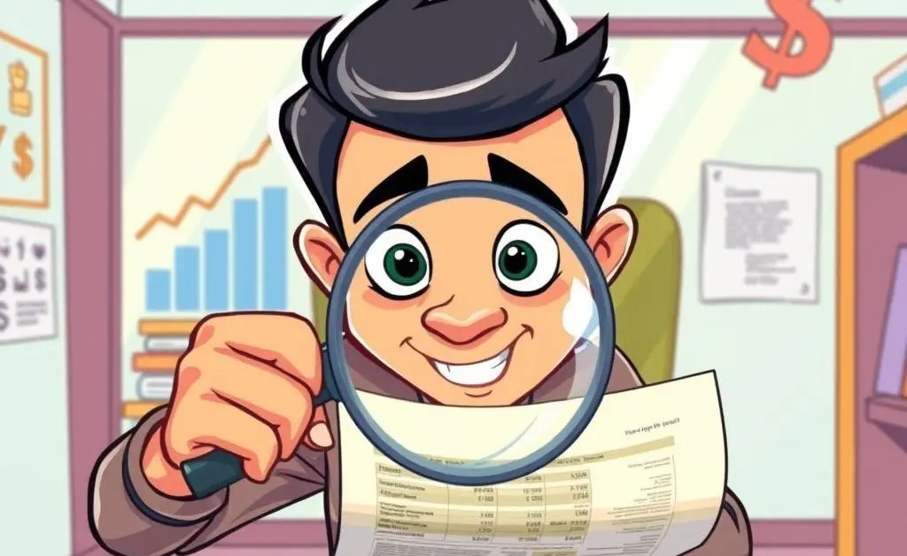 Person holding magnifying glass over a document