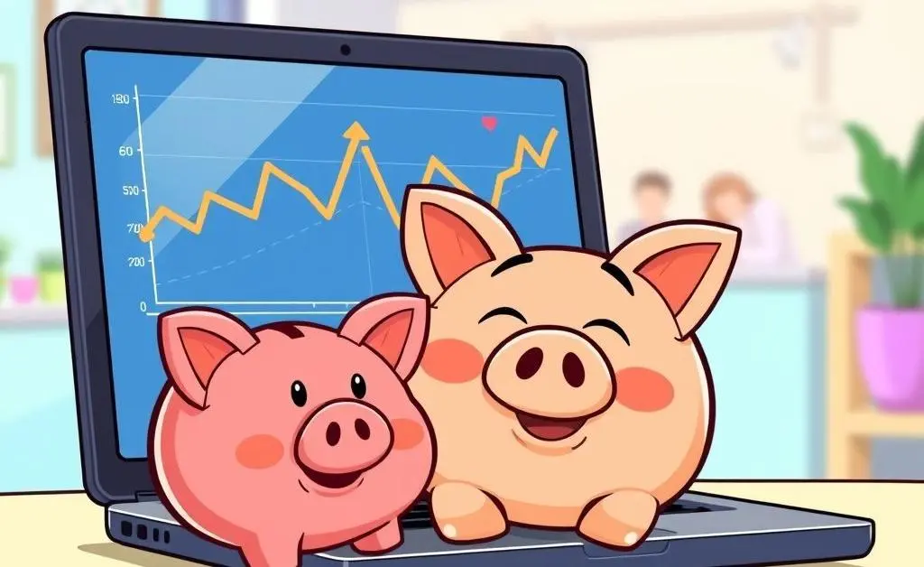 Piggy bank and laptop with financial graph