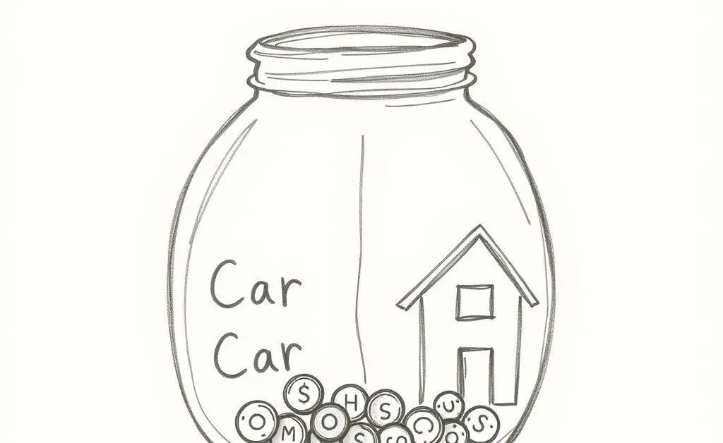 Hand-drawn image of a savings jar divided into 'car' and 'house' sections.