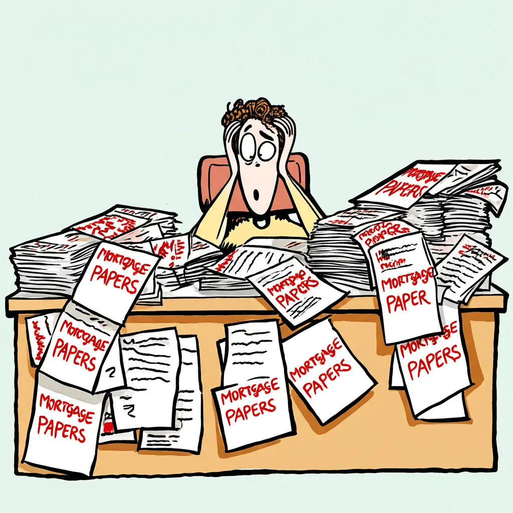 A person at a desk surrounded by mortgage papers