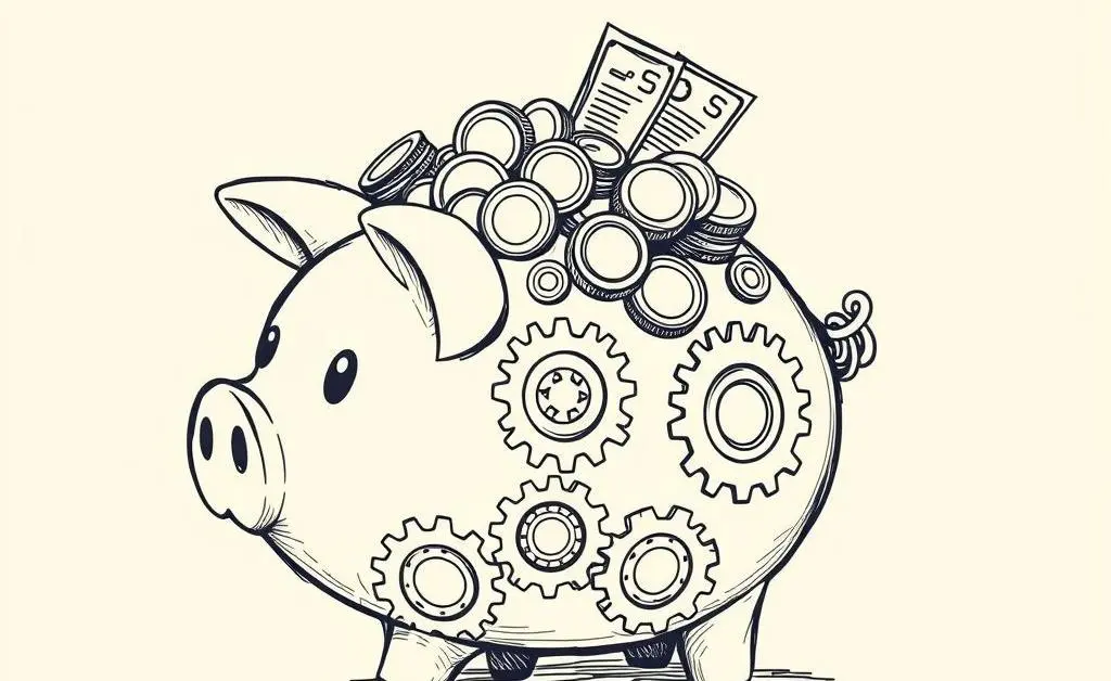 A hand-drawn piggy bank with money and gears, symbolizing financial planning