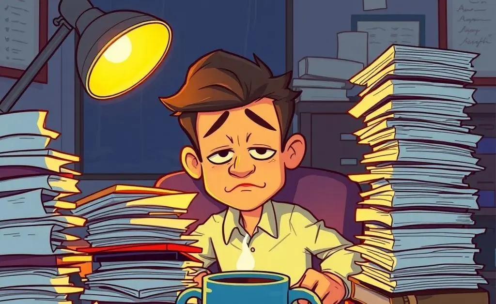 Person working overtime at a desk with a stack of papers and a coffee mug