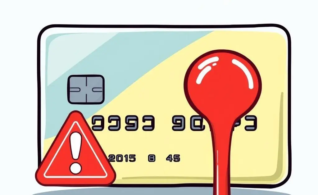 Cartoon-style image of a credit card with a red alert sign next to it.